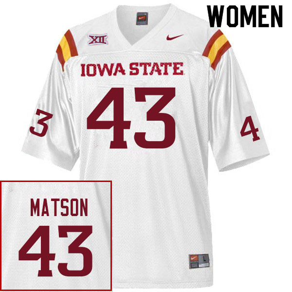 Women #43 Caden Matson Iowa State Cyclones College Football Jerseys Sale-White